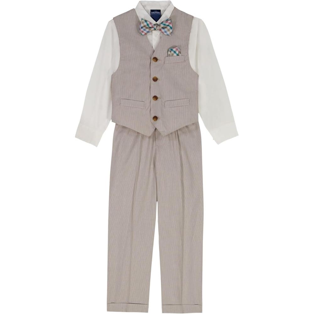 imageNautica Boys 4piece Formal Suit Set with Vest Pants Collared Dress Shirt and TieWheat Stripe