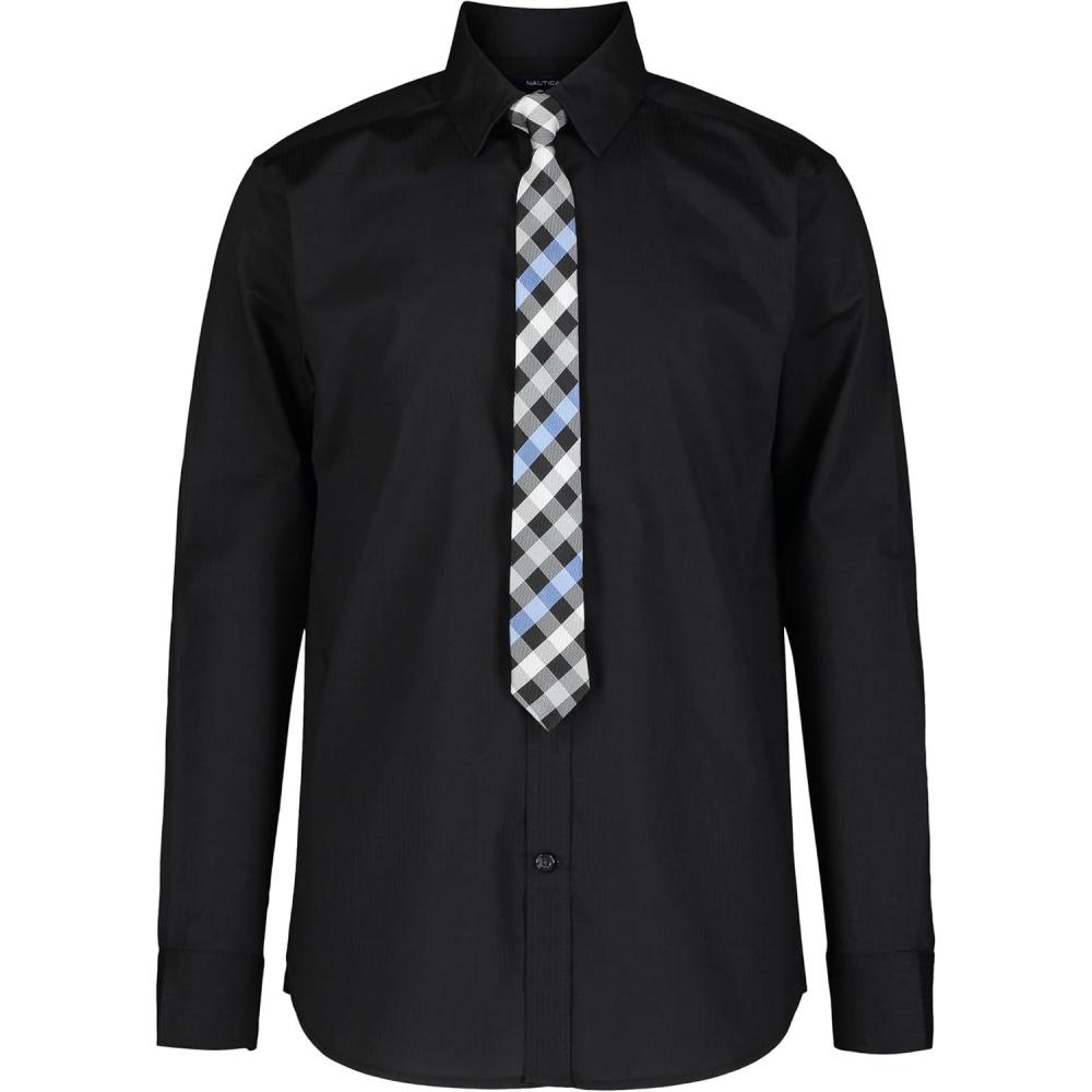 imageNautica Boys Long Sleeve ButtonDown Collared Dress Shirt with TieBlack