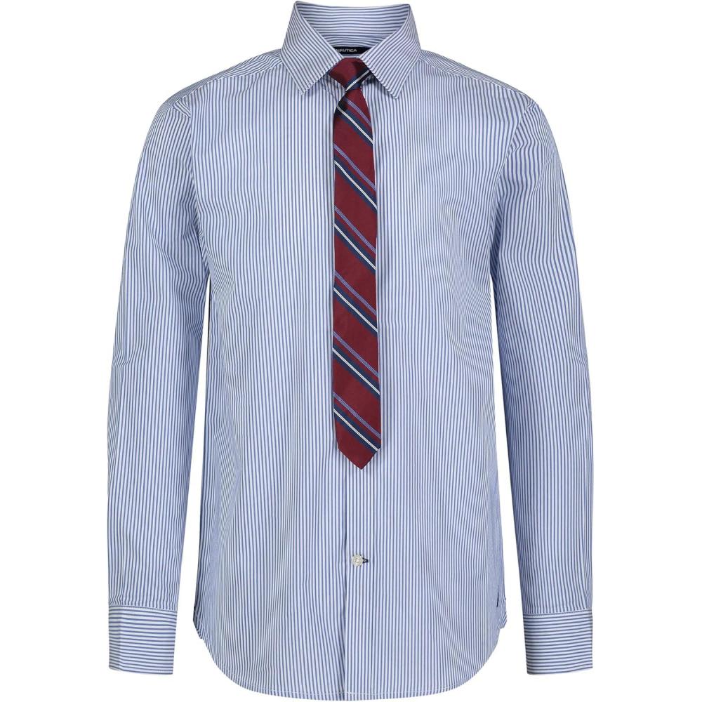 imageNautica Boys Long Sleeve ButtonDown Collared Dress Shirt with TieBlue Stripe