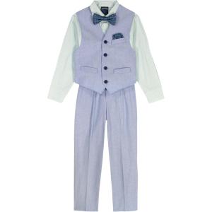 Nautica Boys’ 4-piece Formal Suit Set with Vest, Pants, Collared Dress Shirt, and Tie(Blue Linen)