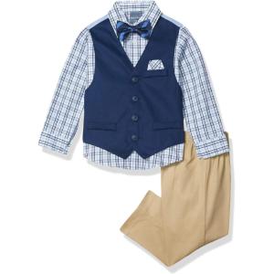 Nautica Boys’ 4-piece Formal Suit Set with Vest, Pants, Collared Dress Shirt, and Tie(Khaki/Navy)