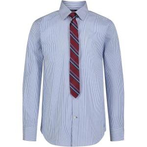 Nautica Boys’ Long Sleeve Button-Down Collared Dress Shirt with Tie(Blue Stripe)