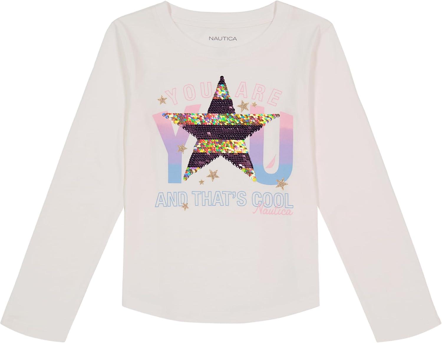 imageNautica Girls Long Sleeve Graphic TShirt Flip Sequin and Glitter EmbellishmentsBright White Star