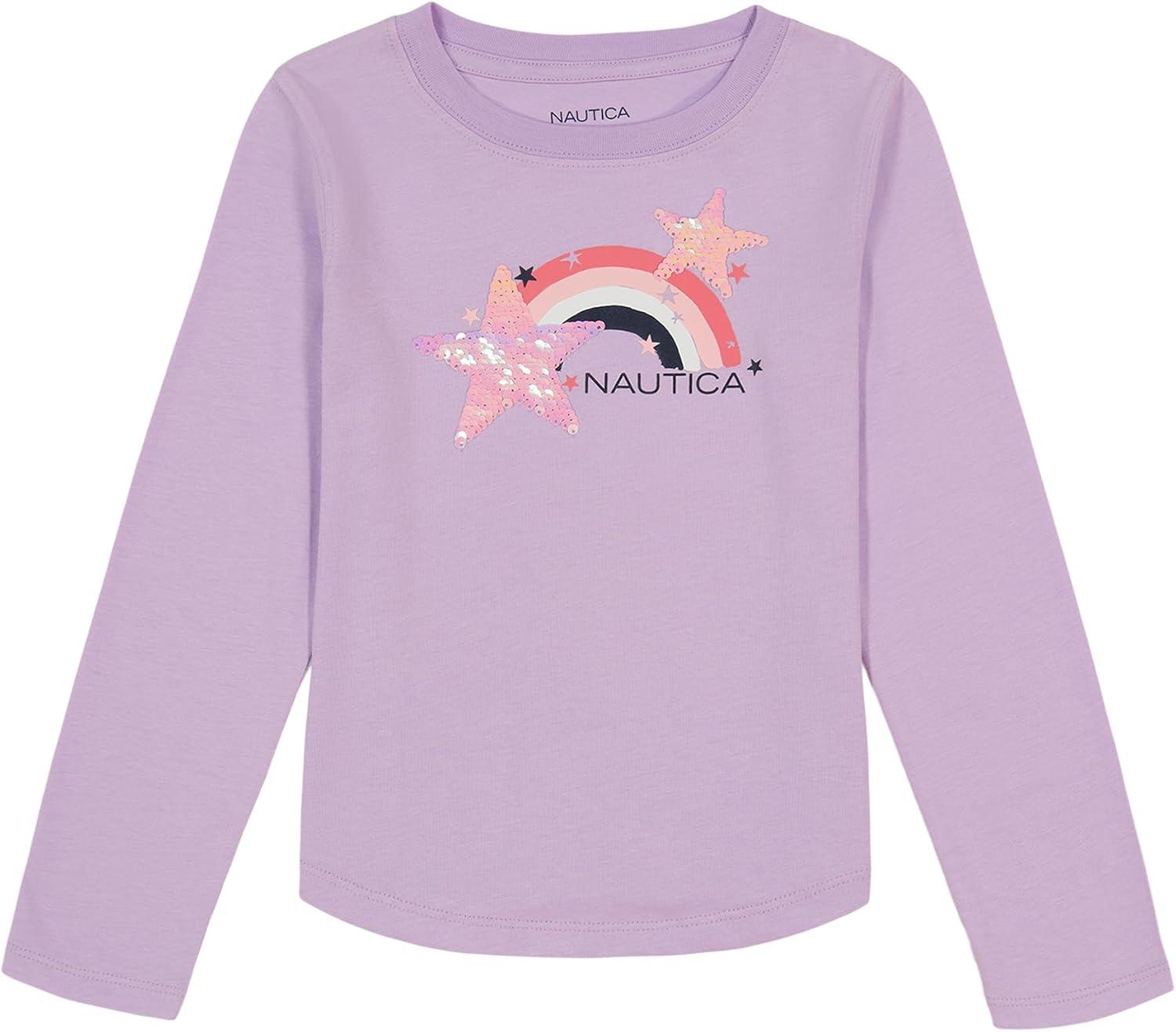 imageNautica Girls Long Sleeve Graphic TShirt Flip Sequin and Glitter EmbellishmentsLavendula Rainbow