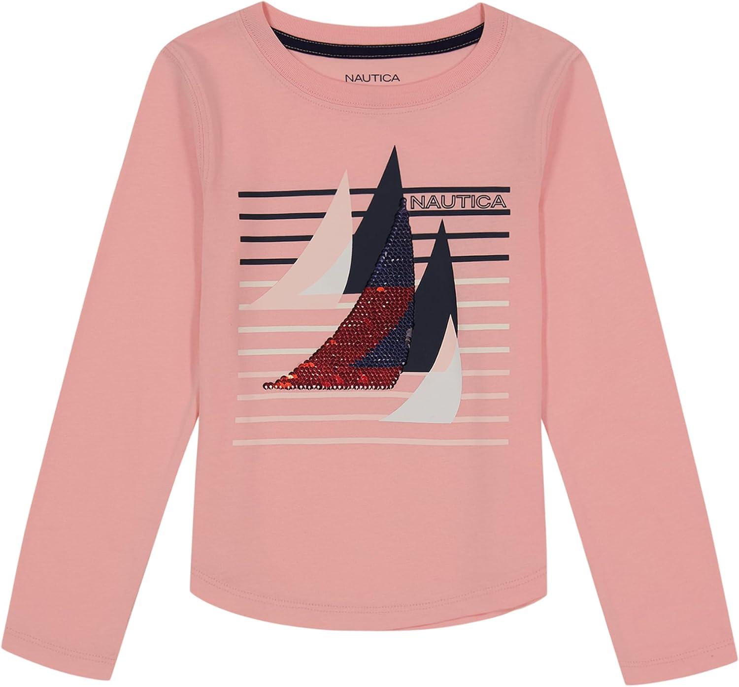 imageNautica Girls Long Sleeve Graphic TShirt Flip Sequin and Glitter EmbellishmentsPink Dolphin Sail