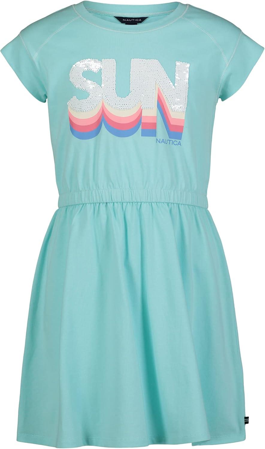 imageNautica Girls Short Sleeve Jersey Tee Dress with Elastic Cinched Waist Fun Designs amp ColorsBlue Tint