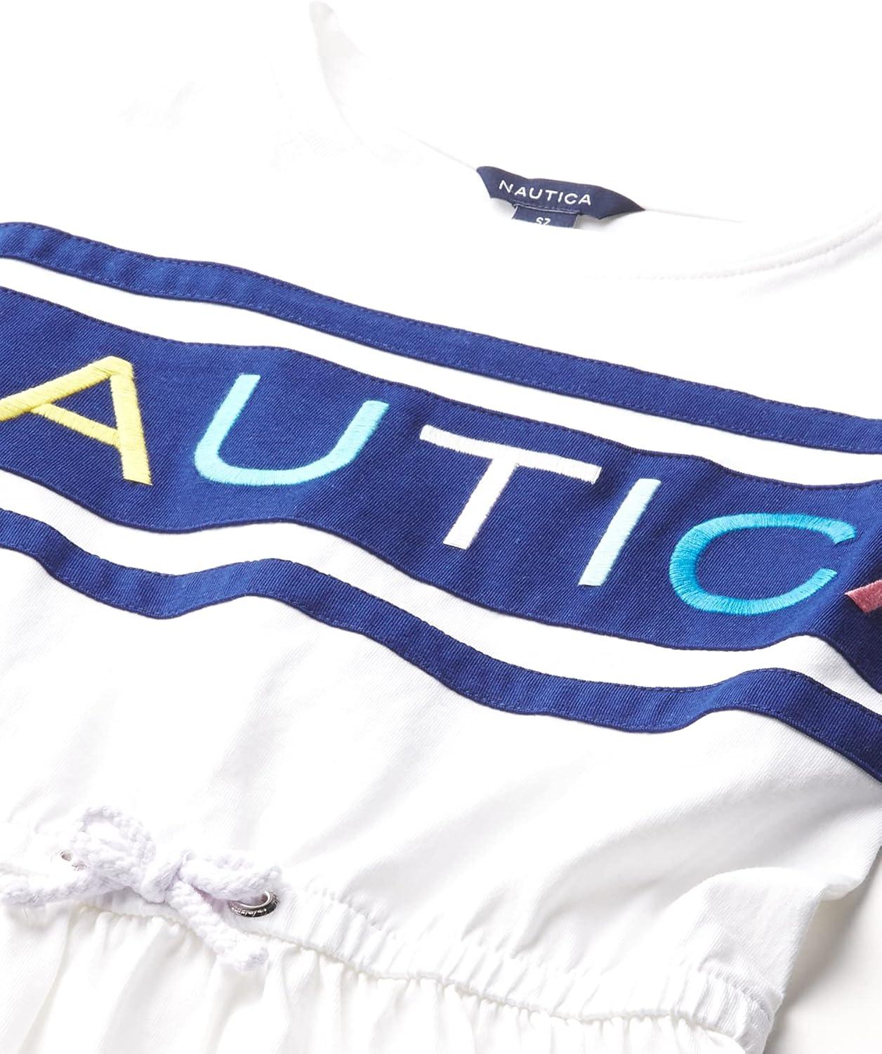 imageNautica Girls Short Sleeve Jersey Tee Dress with Elastic Cinched Waist Fun Designs amp ColorsWhite