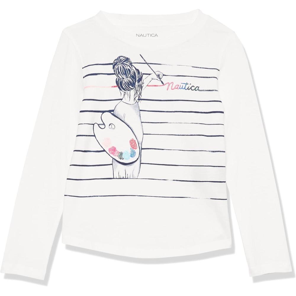 imageNautica Girls Long Sleeve Graphic TShirt Flip Sequin and Glitter EmbellishmentsWhite Paint