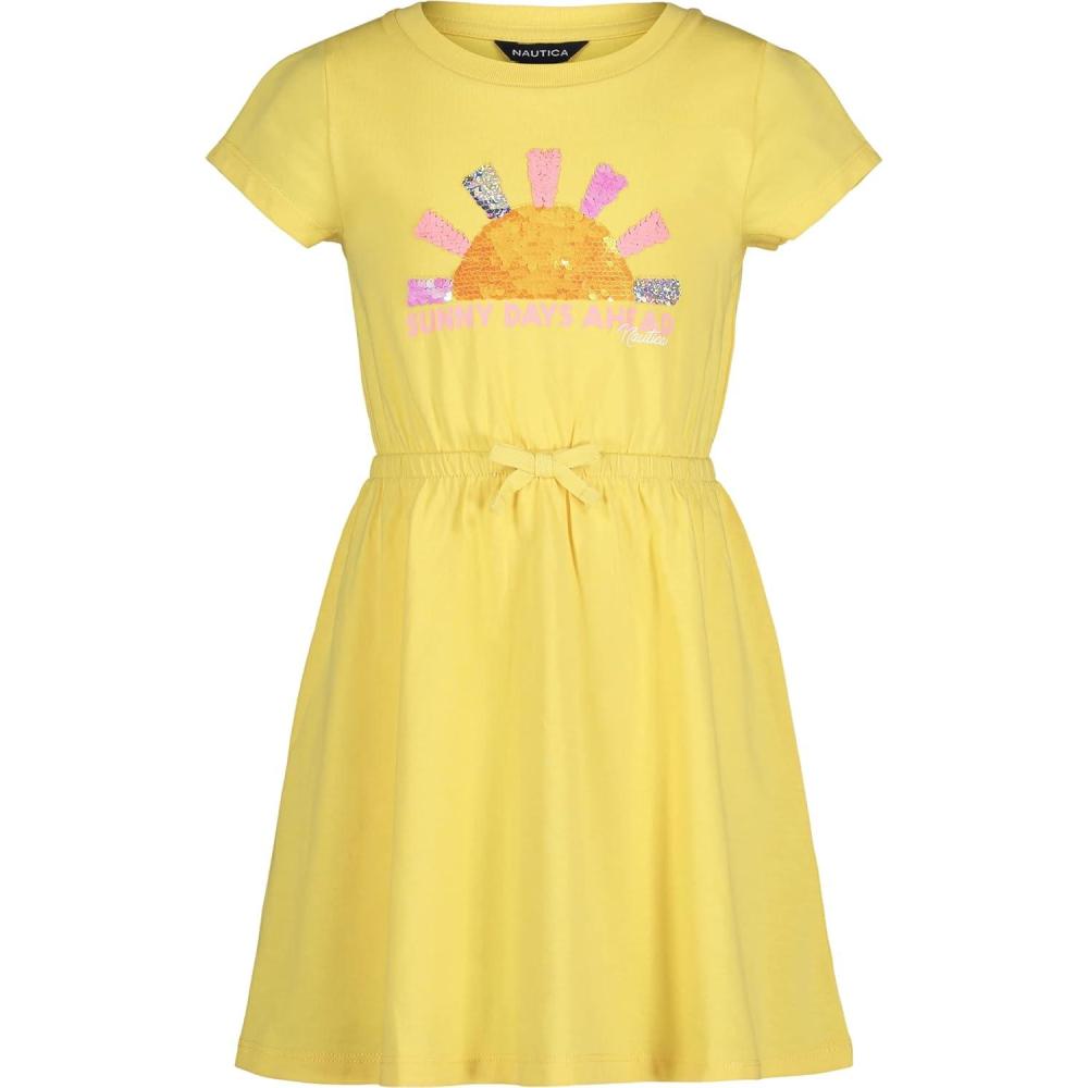 imageNautica Girls Short Sleeve Jersey Tee Dress with Elastic Cinched Waist Fun Designs amp ColorsAspen Gold