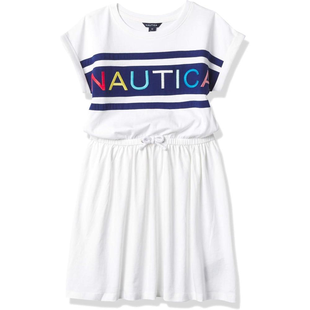 imageNautica Girls Short Sleeve Jersey Tee Dress with Elastic Cinched Waist Fun Designs amp ColorsWhite