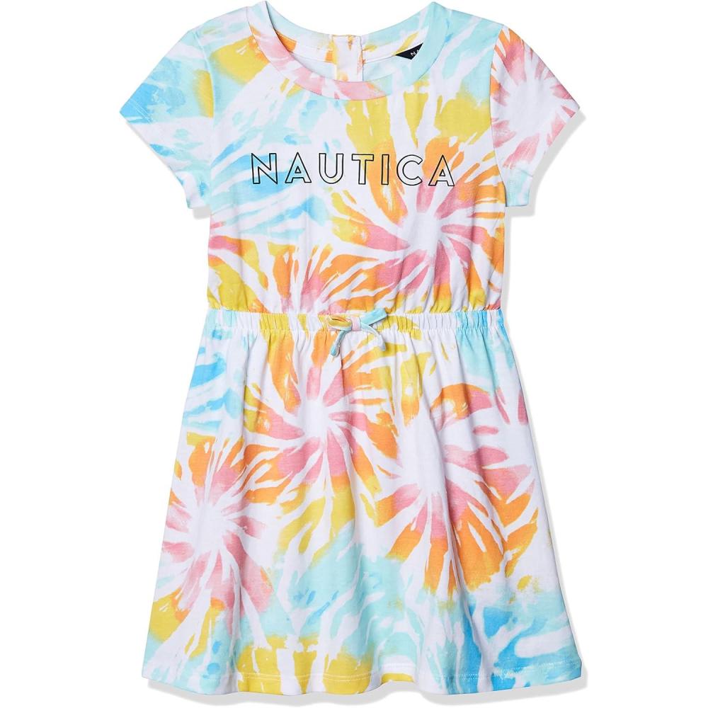 imageNautica Girls Short Sleeve Jersey Tee Dress with Elastic Cinched Waist Fun Designs amp ColorsWhite Sunburst Tie Dye