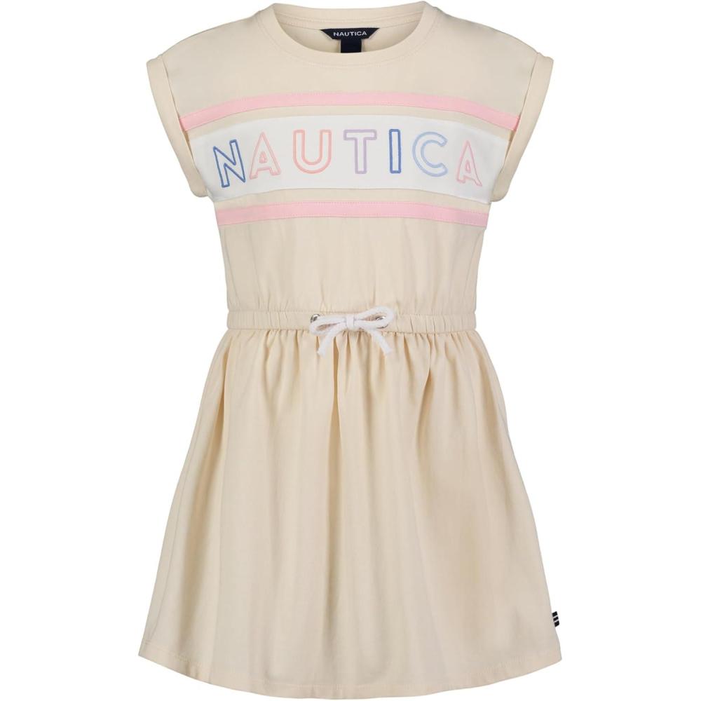 imageNautica Girls Short Sleeve Jersey Tee Dress with Elastic Cinched Waist Fun Designs amp ColorsWhite Swan Logo