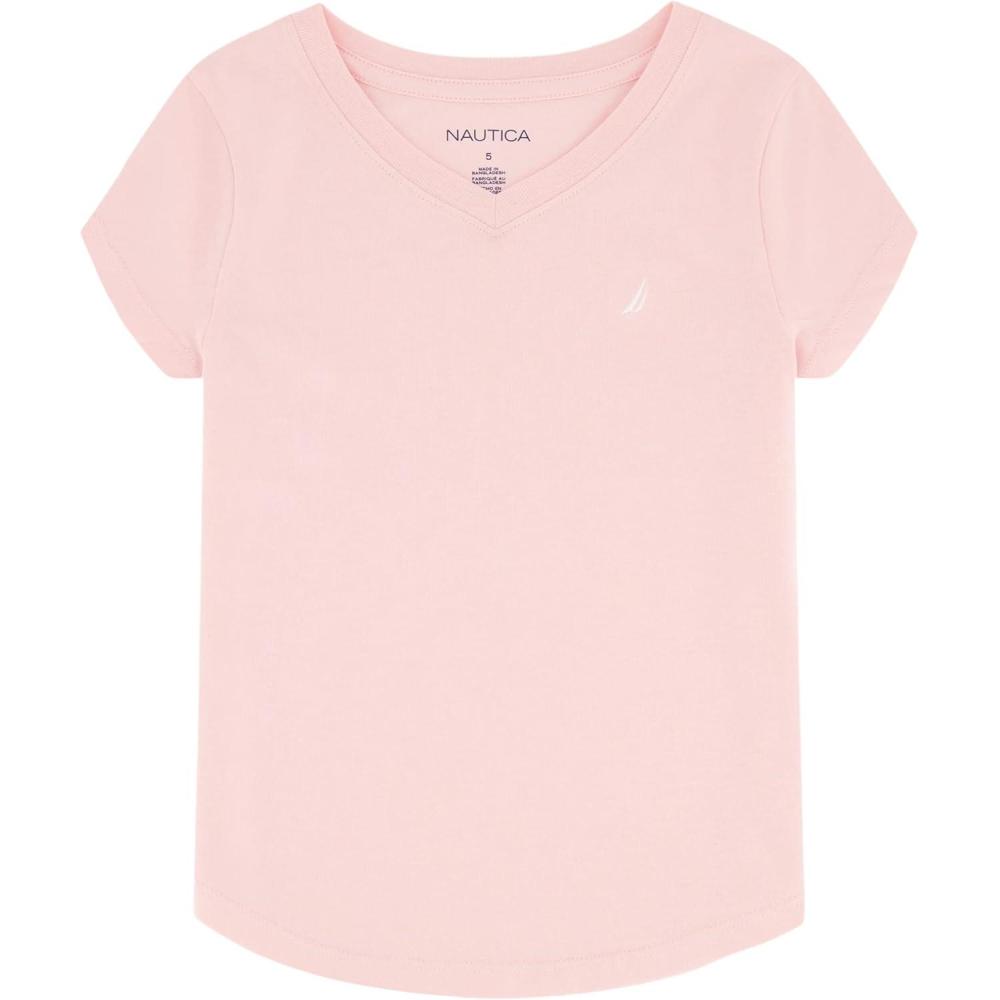 imageNautica Girls Short Sleeve VNeck TShirt Solid Cotton Blend Tee with Tagless InteriorAlmond Blossom