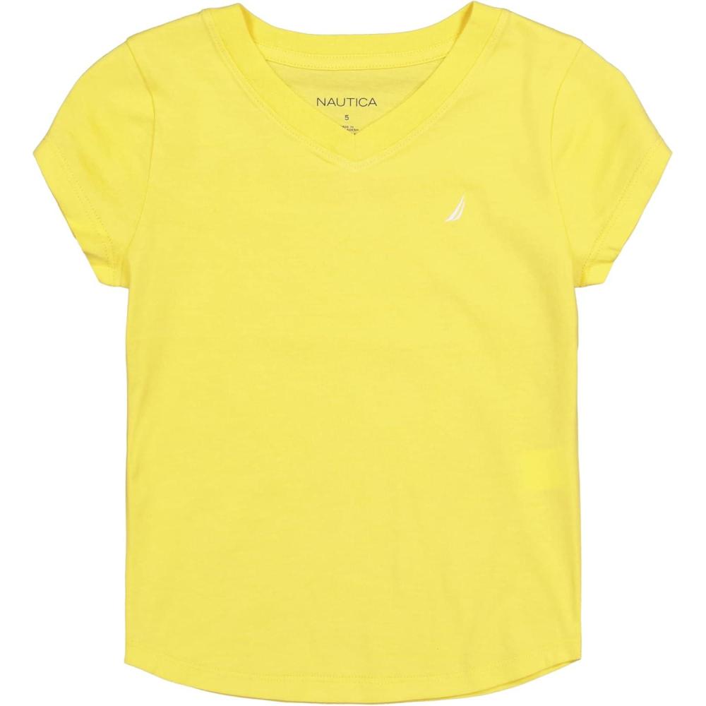 imageNautica Girls Short Sleeve VNeck TShirt Solid Cotton Blend Tee with Tagless InteriorAspen Gold