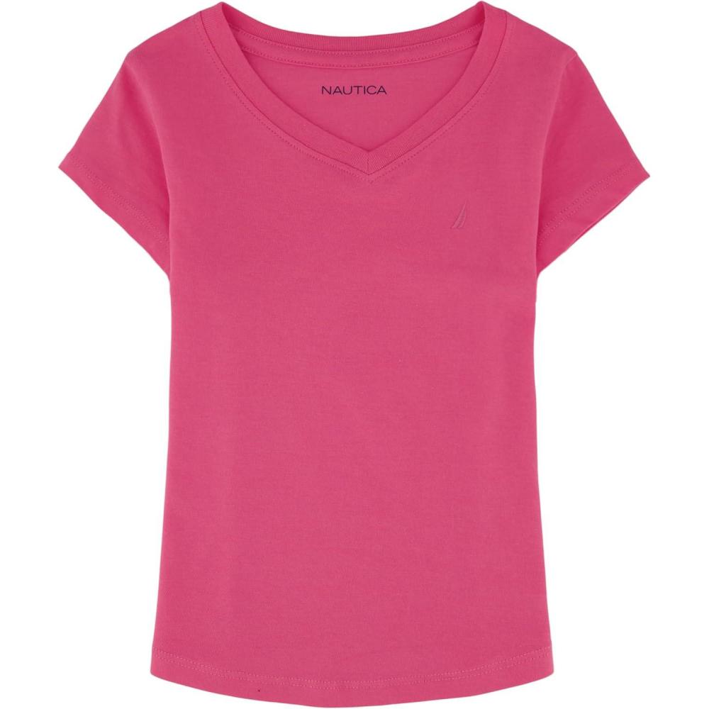 imageNautica Girls Short Sleeve VNeck TShirt Solid Cotton Blend Tee with Tagless InteriorCarmine Rose