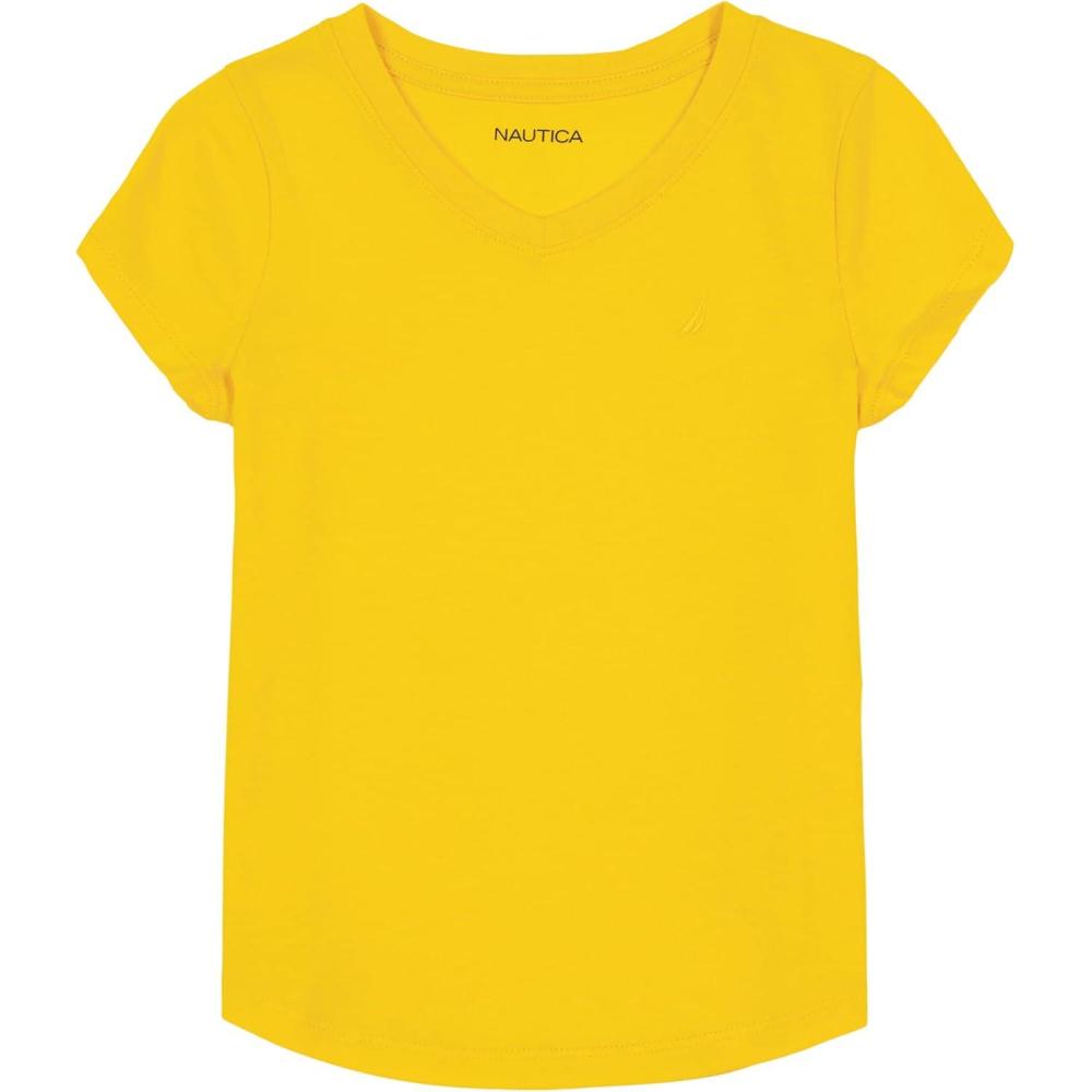 imageNautica Girls Short Sleeve VNeck TShirt Solid Cotton Blend Tee with Tagless InteriorMaize