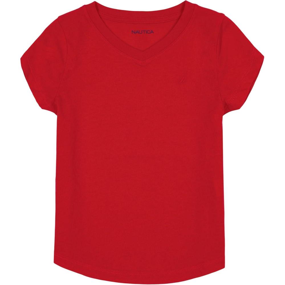 imageNautica Girls Short Sleeve VNeck TShirt Solid Cotton Blend Tee with Tagless InteriorNautica Red
