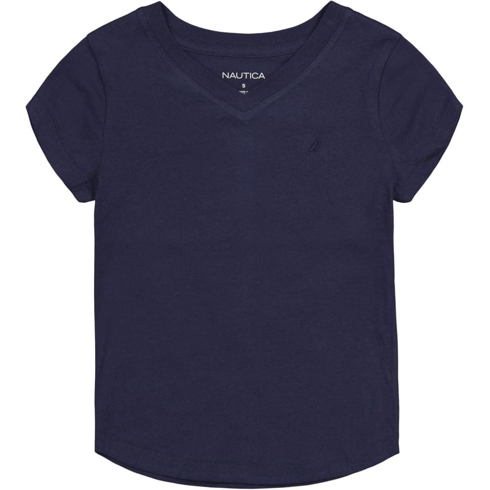imageNautica Girls Short Sleeve VNeck TShirt Solid Cotton Blend Tee with Tagless InteriorPeacoat