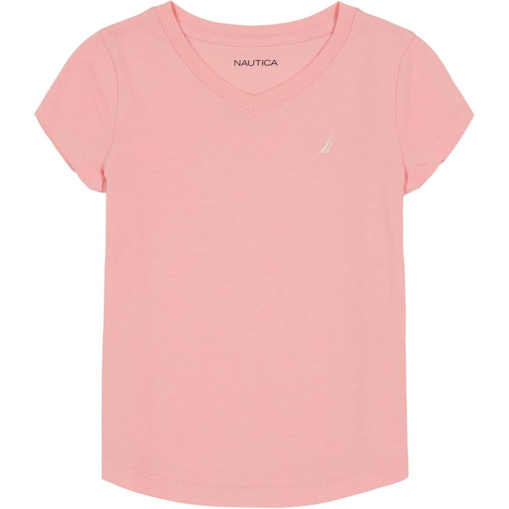 imageNautica Girls Short Sleeve VNeck TShirt Solid Cotton Blend Tee with Tagless InteriorPink Dolphin