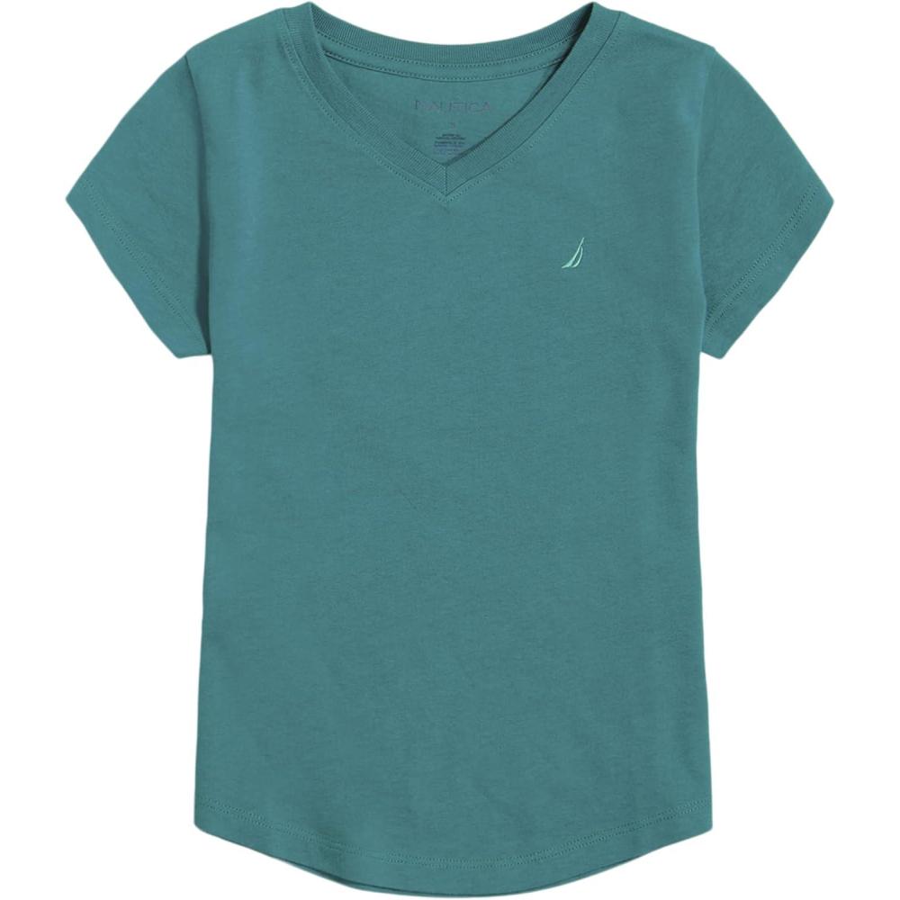 imageNautica Girls Short Sleeve VNeck TShirt Solid Cotton Blend Tee with Tagless InteriorQuetzal Green