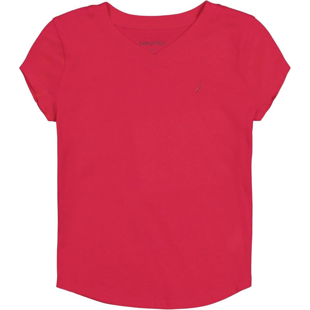 imageNautica Girls Short Sleeve VNeck TShirt Solid Cotton Blend Tee with Tagless InteriorVirtual Pink