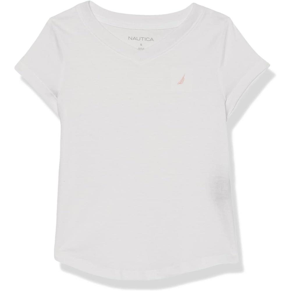 imageNautica Girls Short Sleeve VNeck TShirt Solid Cotton Blend Tee with Tagless InteriorWhite
