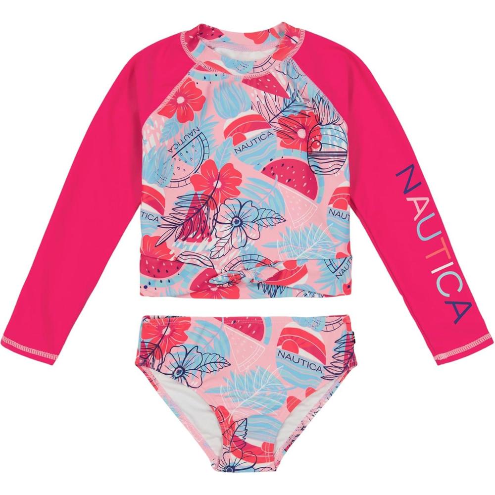 imageNautica Girls Twopiece Rashguard Swimsuit Set UPF 50 Sun Protection QuickDry Bathing SuitBeetroot Floral Fruit