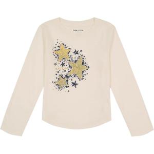 Nautica Girls’ Long Sleeve Graphic T-Shirt, Flip Sequin and Glitter Embellishments(Egret Shooting Stars)
