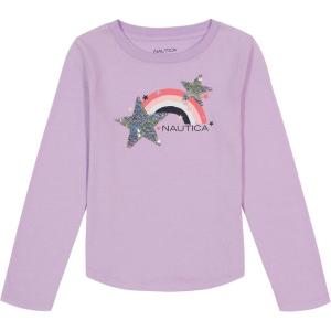 Nautica Girls’ Long Sleeve Graphic T-Shirt, Flip Sequin and Glitter Embellishments(Lavendula Rainbow)