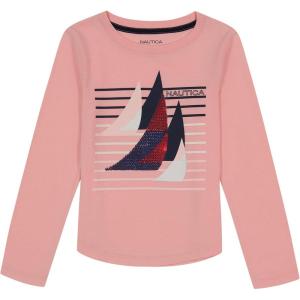 Nautica Girls’ Long Sleeve Graphic T-Shirt, Flip Sequin and Glitter Embellishments(Pink Dolphin Sail)