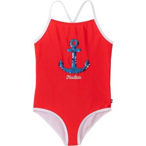 Nautica Girls One-Piece Swimsuit with UPF 50+ Sun Protection, Quick Drying Bathing Suit(Fiery Red Anchor)