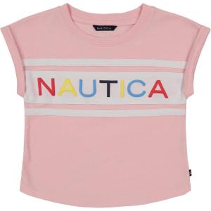 Nautica Girls’ Short Sleeve Graphic Logo T-Shirt, Everyday Casual Wear, Soft & Comfortable Fit(Almond Blossom Billboard)