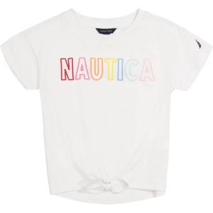 Nautica Girls’ Short Sleeve Graphic Logo T-Shirt, Everyday Casual Wear, Soft & Comfortable Fit(White Tie-front)