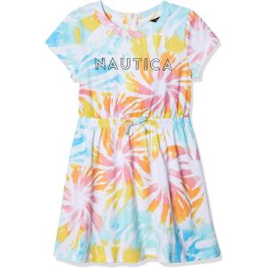 Nautica Girls’ Short Sleeve Jersey Tee Dress with Elastic Cinched Waist, Fun Designs & Colors(White Sunburst Tie Dye)