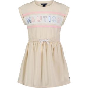Nautica Girls’ Short Sleeve Jersey Tee Dress with Elastic Cinched Waist, Fun Designs & Colors(White Swan Logo)