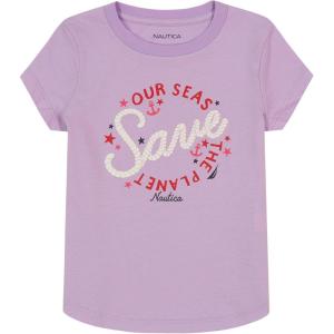 Nautica Girls Short Sleeve T-Shirt with Fun Graphic Design, Cotton Tee with Tagless Interior(Lavendula Planet)
