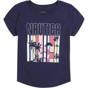 Nautica Girls Short Sleeve T-Shirt with Fun Graphic Design, Cotton Tee with Tagless Interior(Peacoat Palm)