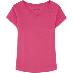 Nautica Girls’ Short Sleeve V-Neck T-Shirt, Solid Cotton Blend Tee with Tagless Interior(Carmine Rose)