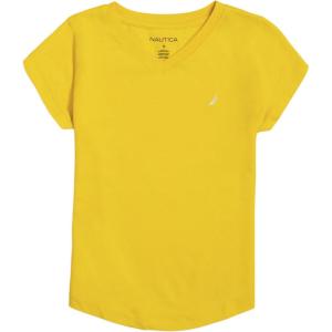 Nautica Girls’ Short Sleeve V-Neck T-Shirt, Solid Cotton Blend Tee with Tagless Interior(Lemon)