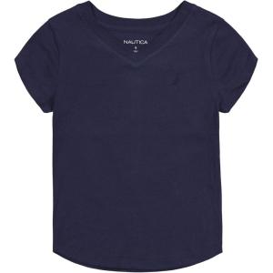 Nautica Girls’ Short Sleeve V-Neck T-Shirt, Solid Cotton Blend Tee with Tagless Interior(Peacoat)