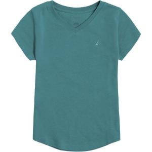 Nautica Girls’ Short Sleeve V-Neck T-Shirt, Solid Cotton Blend Tee with Tagless Interior(Quetzal Green)