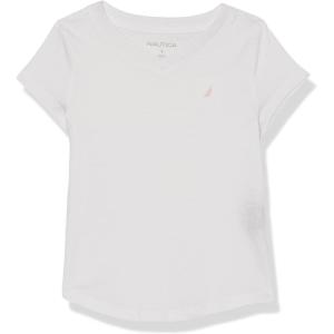 Nautica Girls’ Short Sleeve V-Neck T-Shirt, Solid Cotton Blend Tee with Tagless Interior(White)