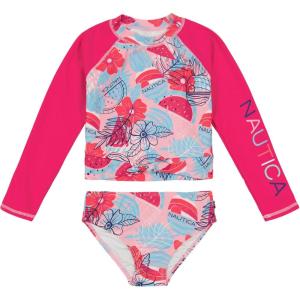 Nautica Girls’ Two-piece Rashguard Swimsuit Set, UPF 50+ Sun Protection, Quick-Dry Bathing Suit(Beetroot Floral Fruit)