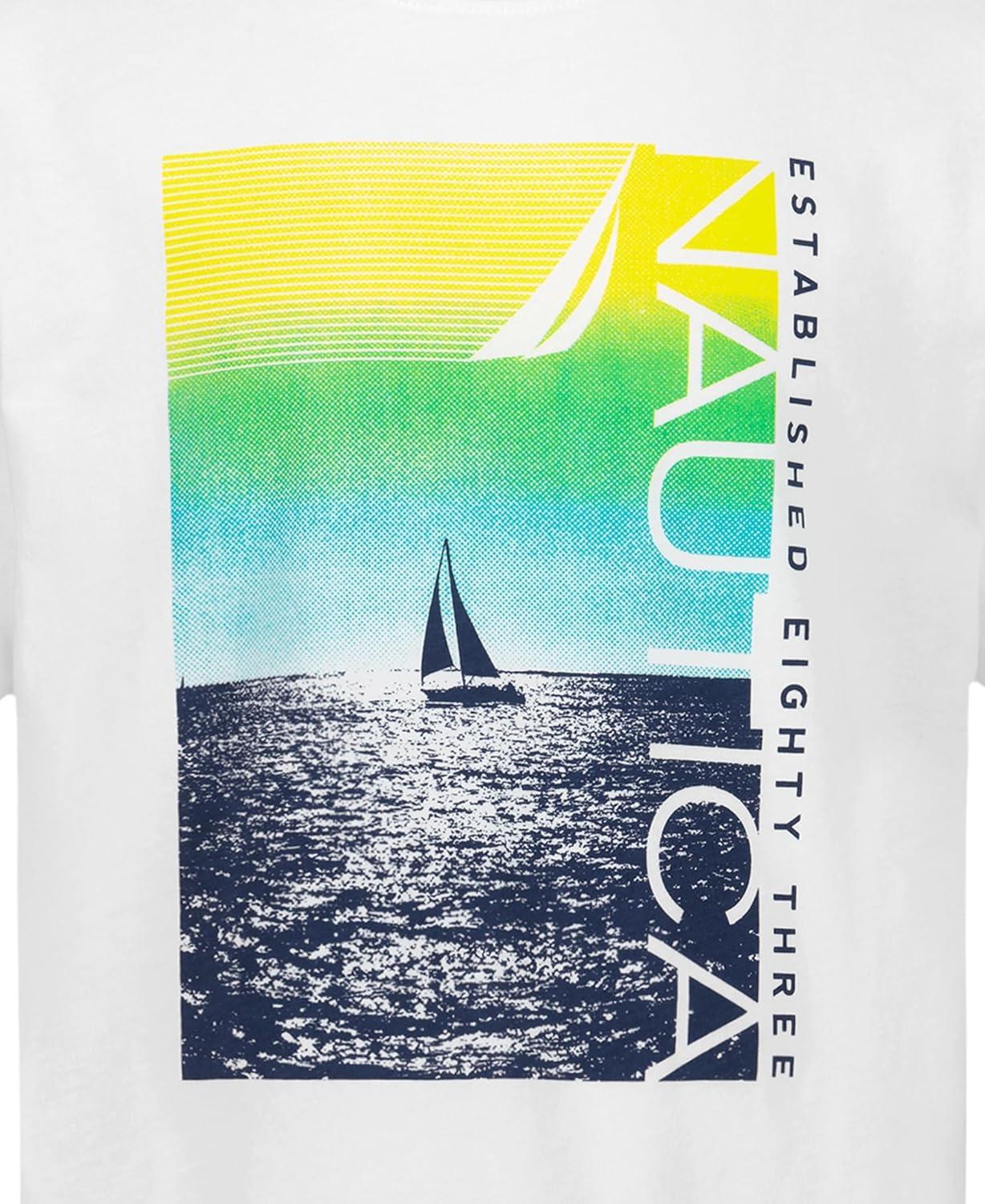 imageNautica Boys Short Sleeve Graphic Crew Neck TShirt Soft Comfortable Relaxed FitCruising Bright White