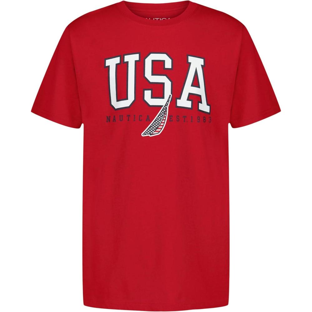 imageNautica Boys Short Sleeve Graphic Crew Neck TShirt Soft Comfortable Relaxed FitTeam Usa Carmine