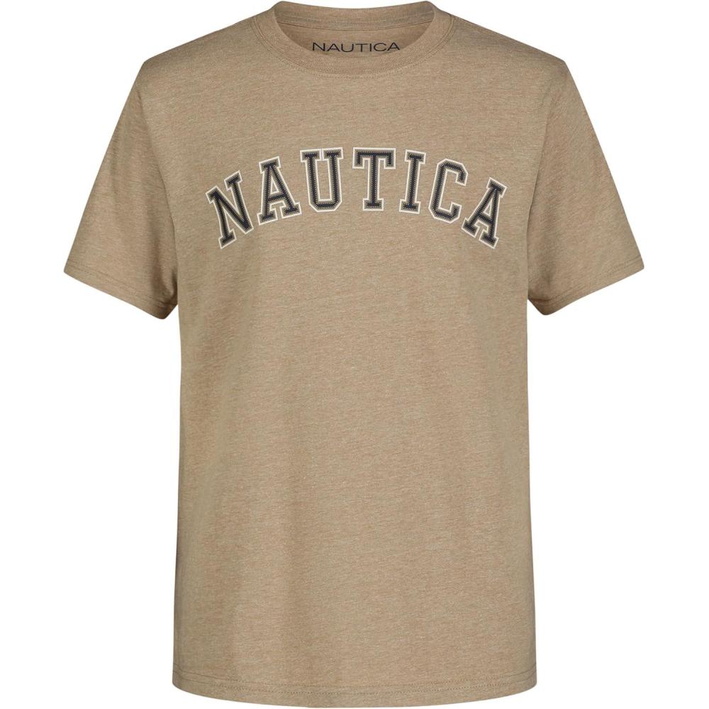 imageNautica Boys Short Sleeve Graphic Crew Neck TShirt Soft Comfortable Relaxed FitVarsity Arch Kelp Heather