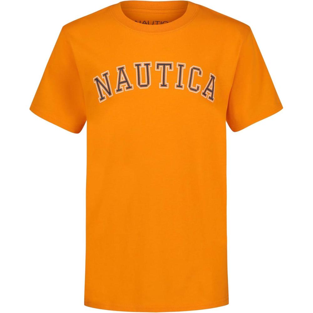 imageNautica Boys Short Sleeve Graphic Crew Neck TShirt Soft Comfortable Relaxed FitVarsity Arch Persimmon