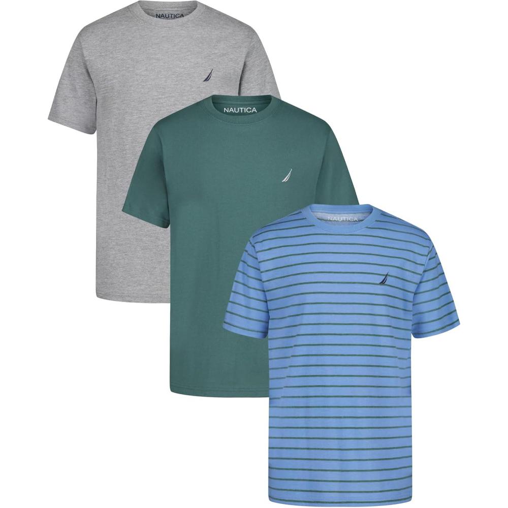 imageNautica Boys Short Sleeve Solid Crew Neck TShirt Multipack Soft Comfortable Relaxed FitDella Robbia StripeSagebrushGrey