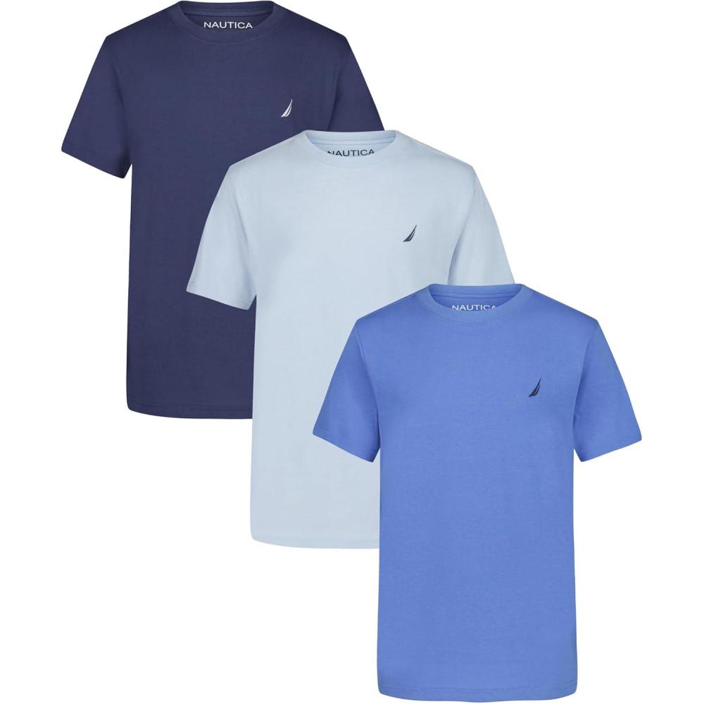 imageNautica Boys Short Sleeve Solid Crew Neck TShirt Multipack Soft Comfortable Relaxed FitGranadaSkywayIndigo