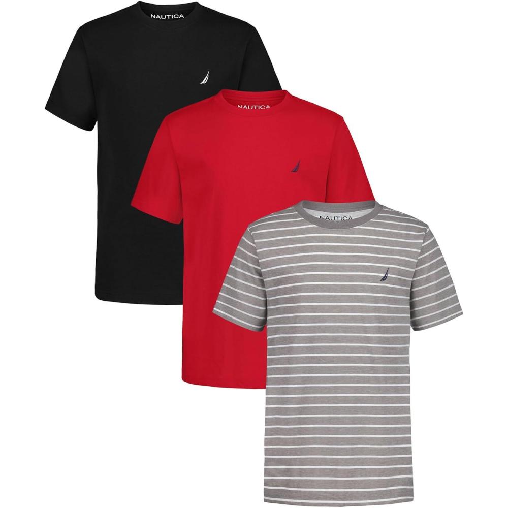imageNautica Boys Short Sleeve Solid Crew Neck TShirt Multipack Soft Comfortable Relaxed FitSteeple Grey StripeCarmineBlack